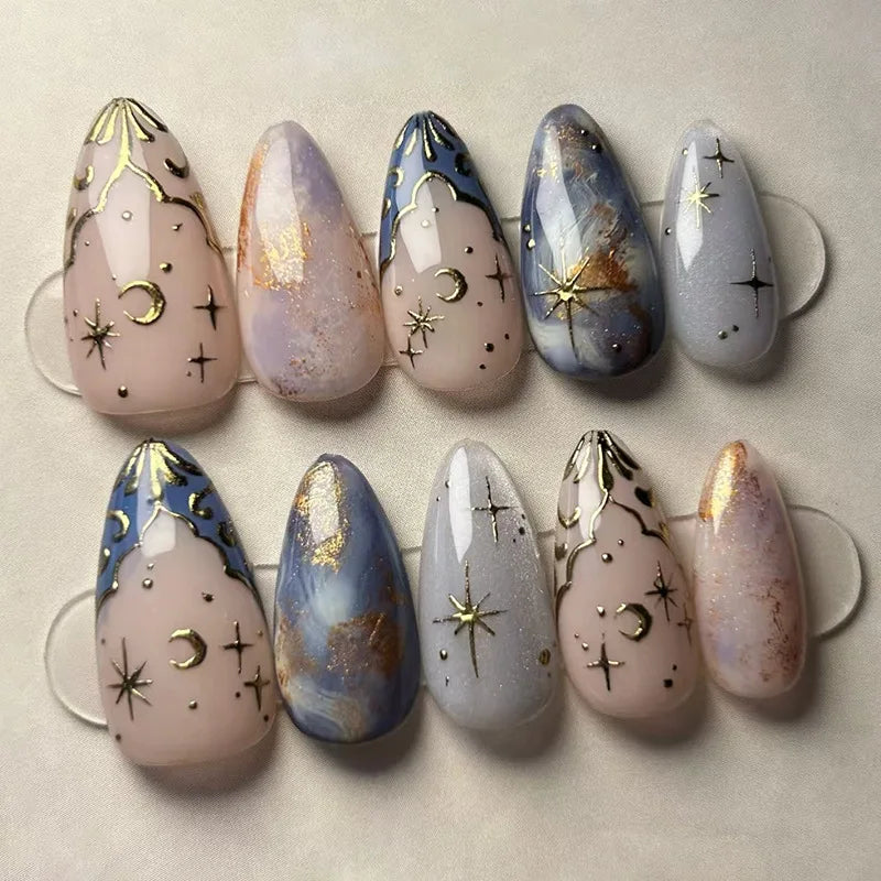 24pcs Romantic Y2k Star Press On Nails Gradient Blue French Style Gold Moon Designs Fake Nail Sweet Almond False Nails For Women
