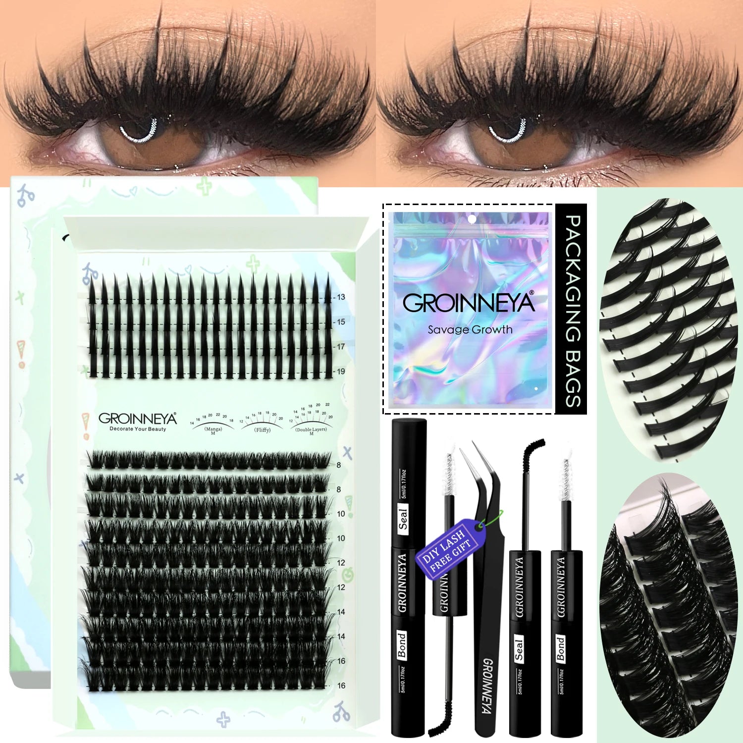 GROINNEYA Lash Clusters Kit Spikes Lash Individuals Eyelash Clusters D-Curly Lash Clusters Kit with Bond and Seal Makeup
