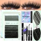 GROINNEYA Lash Clusters Kit Spikes Lash Individuals Eyelash Clusters D-Curly Lash Clusters Kit with Bond and Seal Makeup