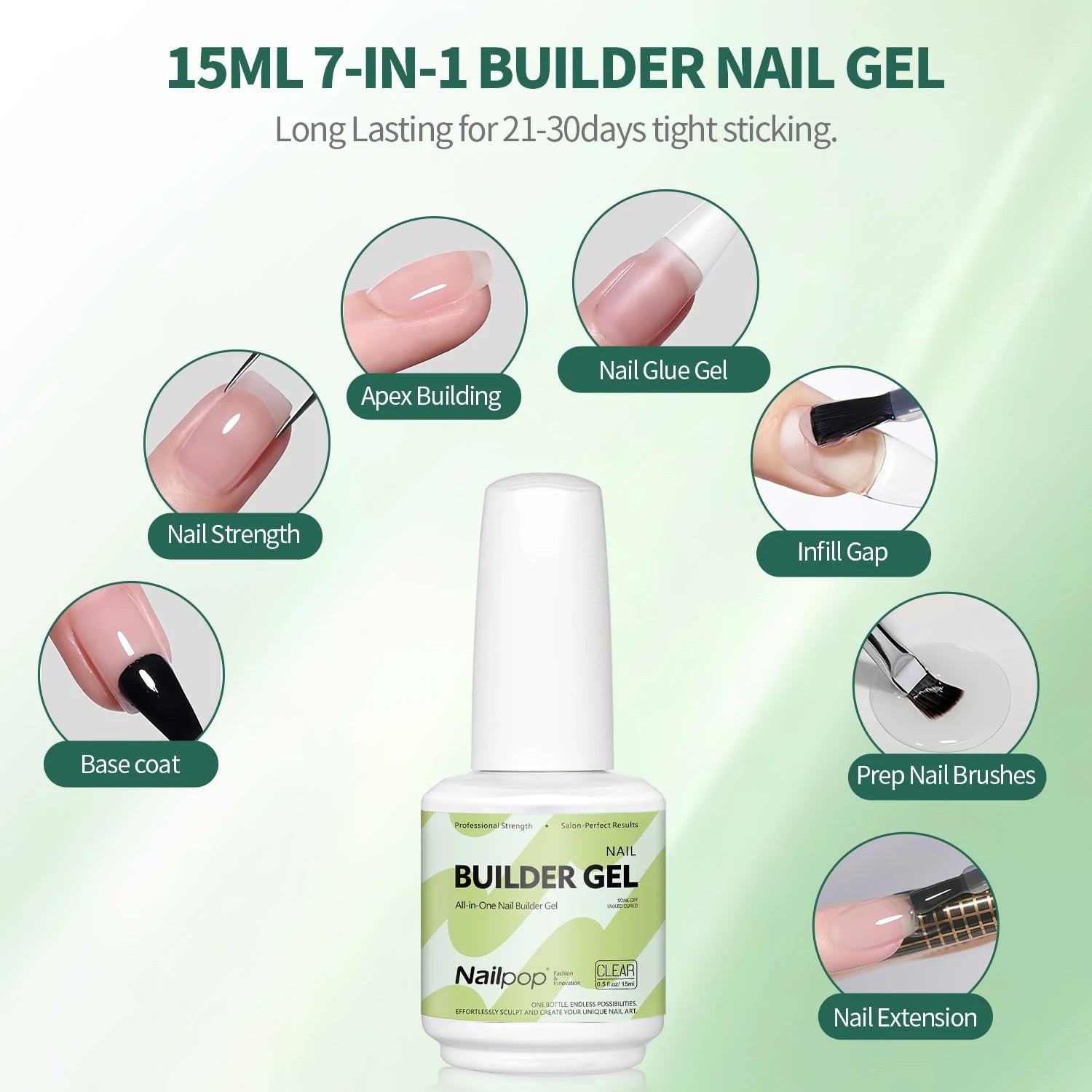 Nailpop 7-in-1 Builder Nail Gel Fast Building Gel Nail Polish Clear White Pink Nude 15ml Nail Tip Reinforcement and Extension