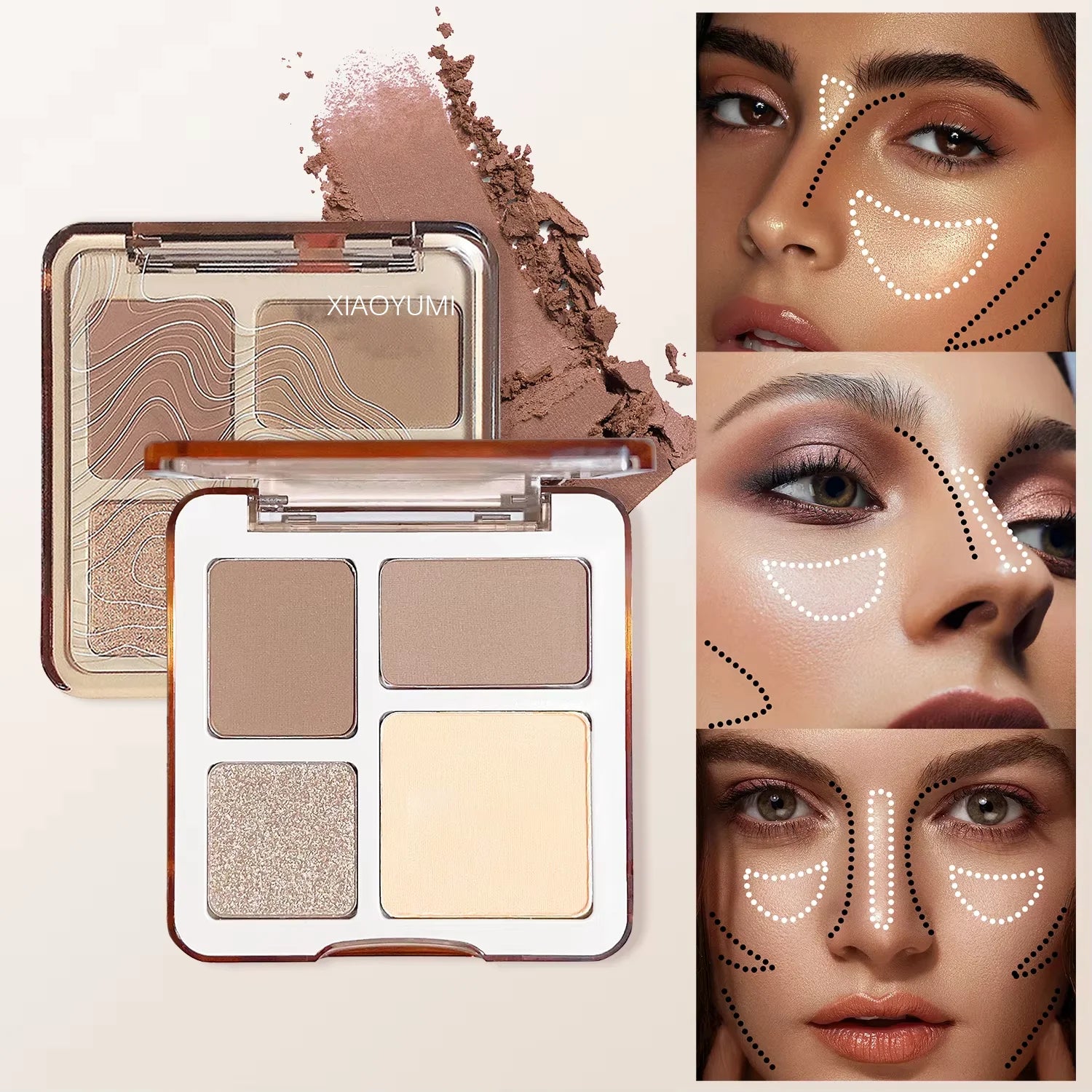 2 pcs Contouring Set - 4 color High-Gloss Contouring，Brightening Matte 3D Nose Shadow Brush，Easy To Color，Gift Set