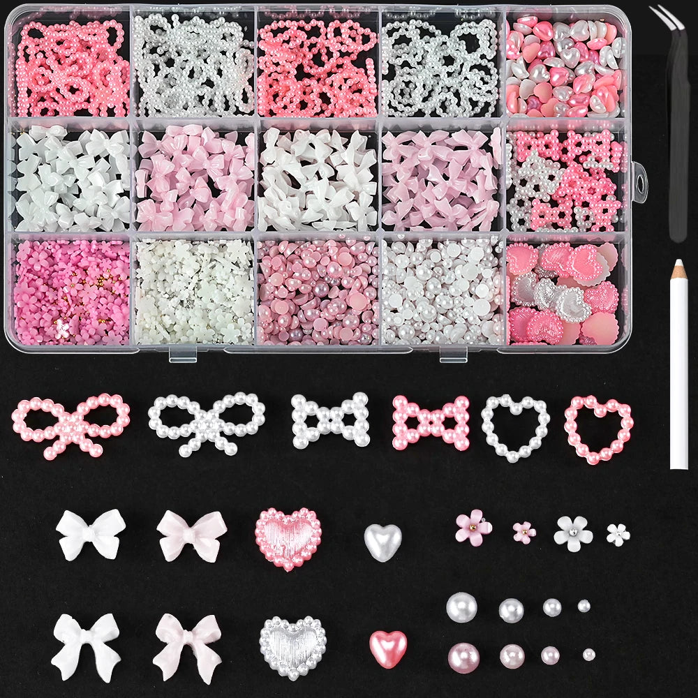 12Grid/Box Mixed Resin Bowknot Nail Charms 3D Colorful Bow Kawaii Rhinestone Nail Art Decorations DIY Manicure Parts Pen Tweezer