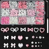 12Grid/Box Mixed Resin Bowknot Nail Charms 3D Colorful Bow Kawaii Rhinestone Nail Art Decorations DIY Manicure Parts Pen Tweezer