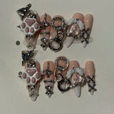 Long Stiletto Press on Fake Nails Blue Heart Diamond Bow Decoration False Nail Y2K Fashion Artificial Nail Handmade Acrylic Nail