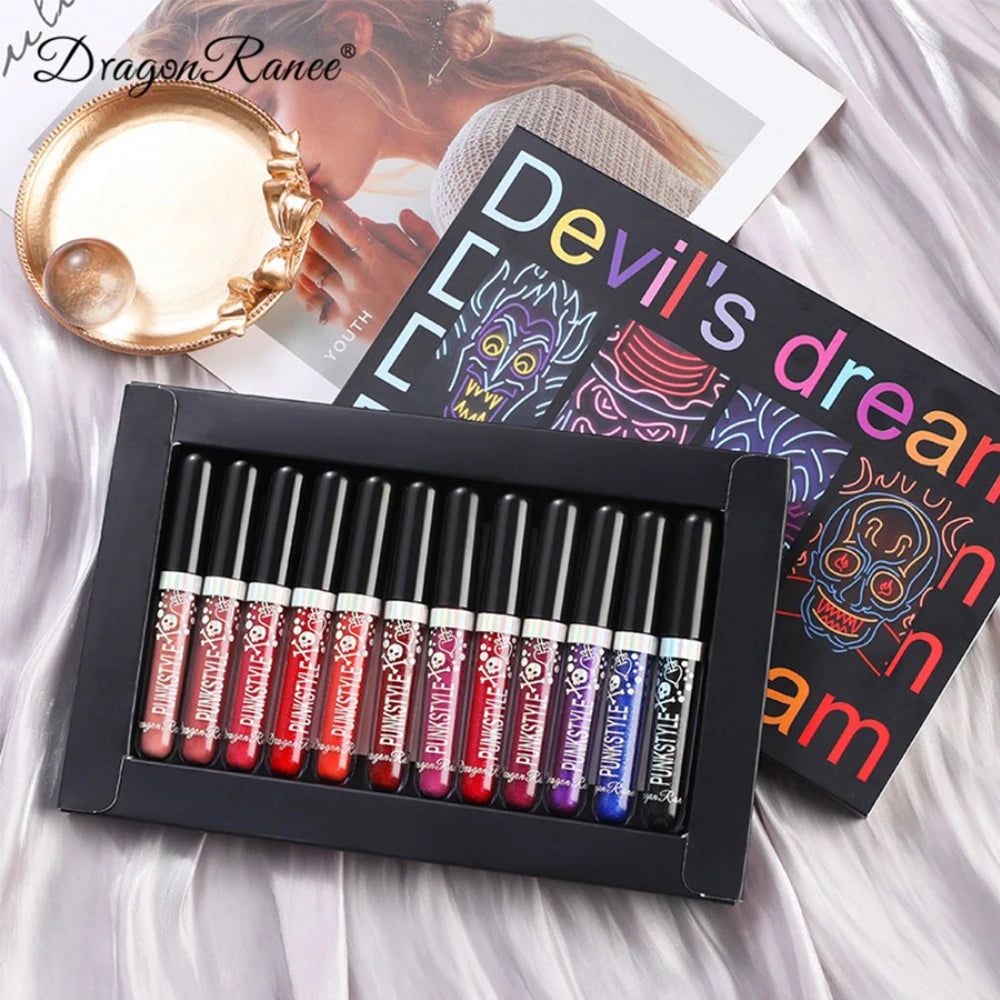 12 Lip Gloss Set Box for Halloween and Christmas Makeup with Pearlescent Shining, Waterproof, Durable, Natural Makeup, Shining,