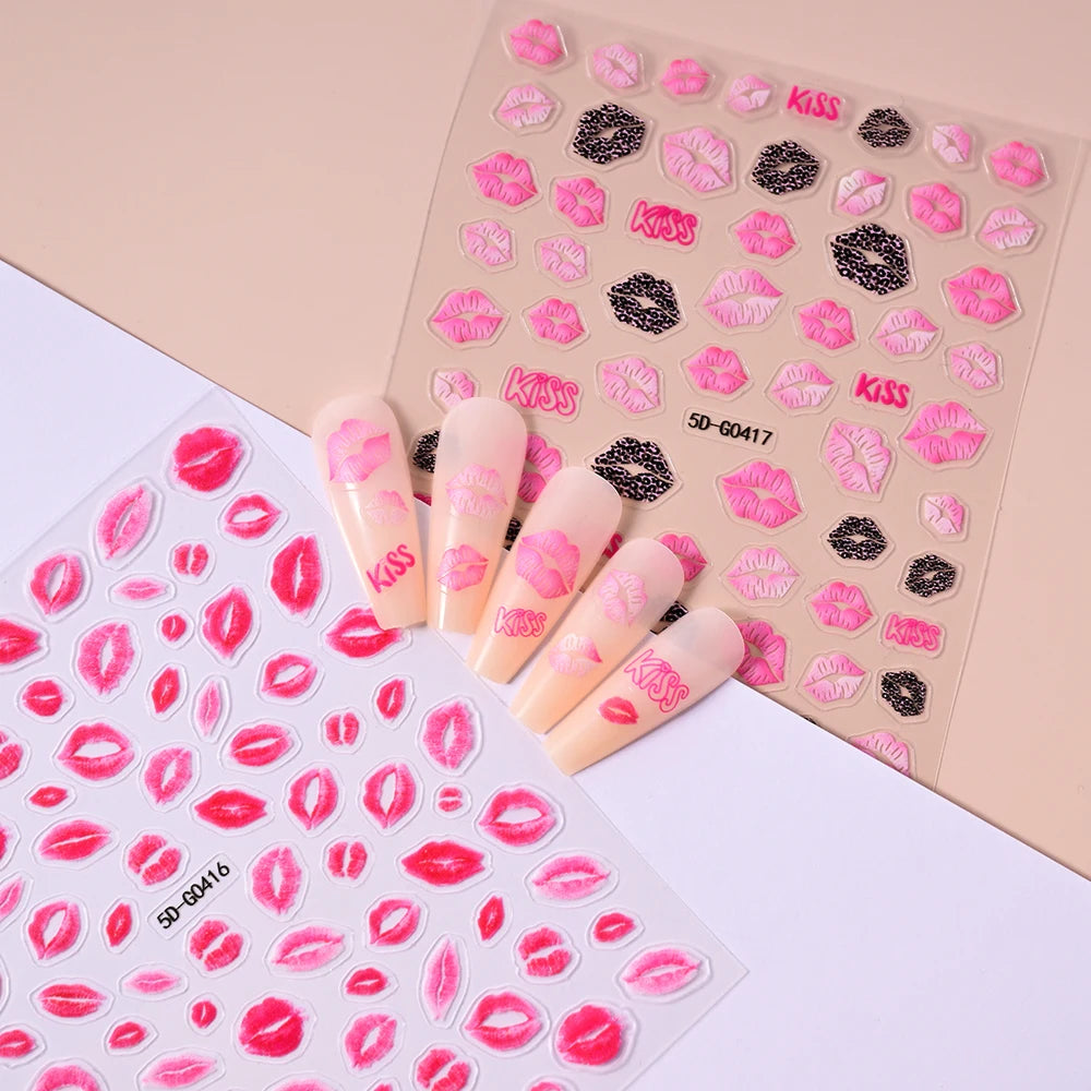 5D Embossed Sexy Red/Pink Lips Nail Stickers Self-Adhesive Blooming Red Lips Nail Decal Romantic Luxy Lady Lips Manicure Slider