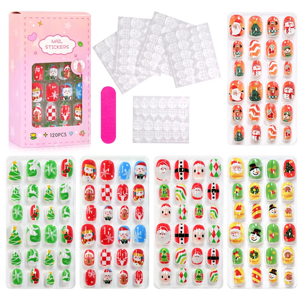 120Pcs Children's Press on Nails Kids Cartoon Acrylic Fake Nails Tips Kawaii Girl Full Cover Short False Nails With Jelly Glue#@