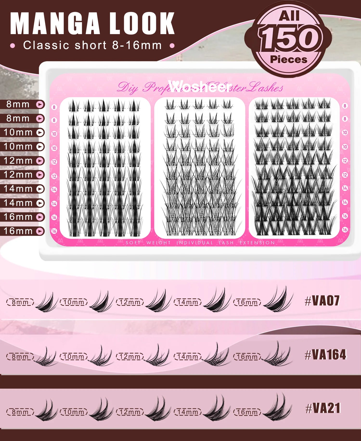 WOSHEER Manga Lash Clusters Kit Cat Lashes with Lash Bond & Seal Cluster Eyelash Extensions Mixed Tray Eyelash Clusters Kit