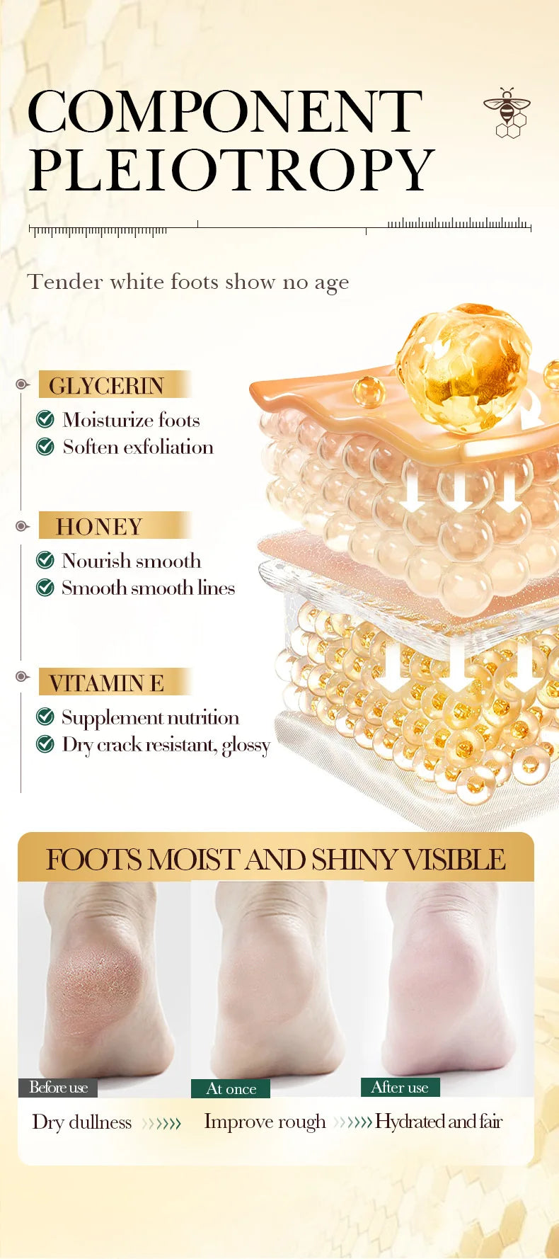 Vitamin E Honey Foot Mask Deeply Nourishes the Feet, Softens Cuticles, Making the Feet Soft, Smooth, Delicate, White, and Shiny.