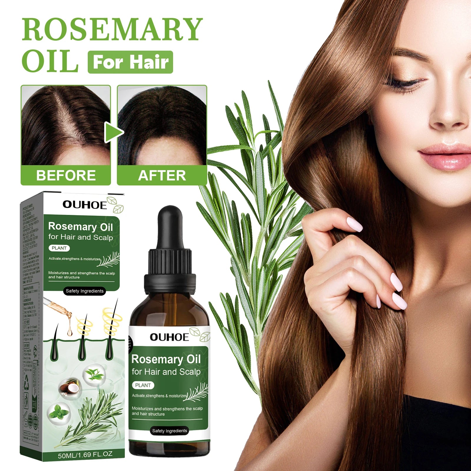 Rosemary Oil for Hair 50ml Scalp Treatment with Coconut Peppermint Oil Nourishing Hair Serum for Shine Strength All Hair Types