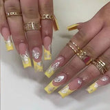 24Pcs Long Square Press on Nails Leopard Print French 3D Cherry Design False Nail Rhinestone Wearable Full Cover Fake Nails Tips