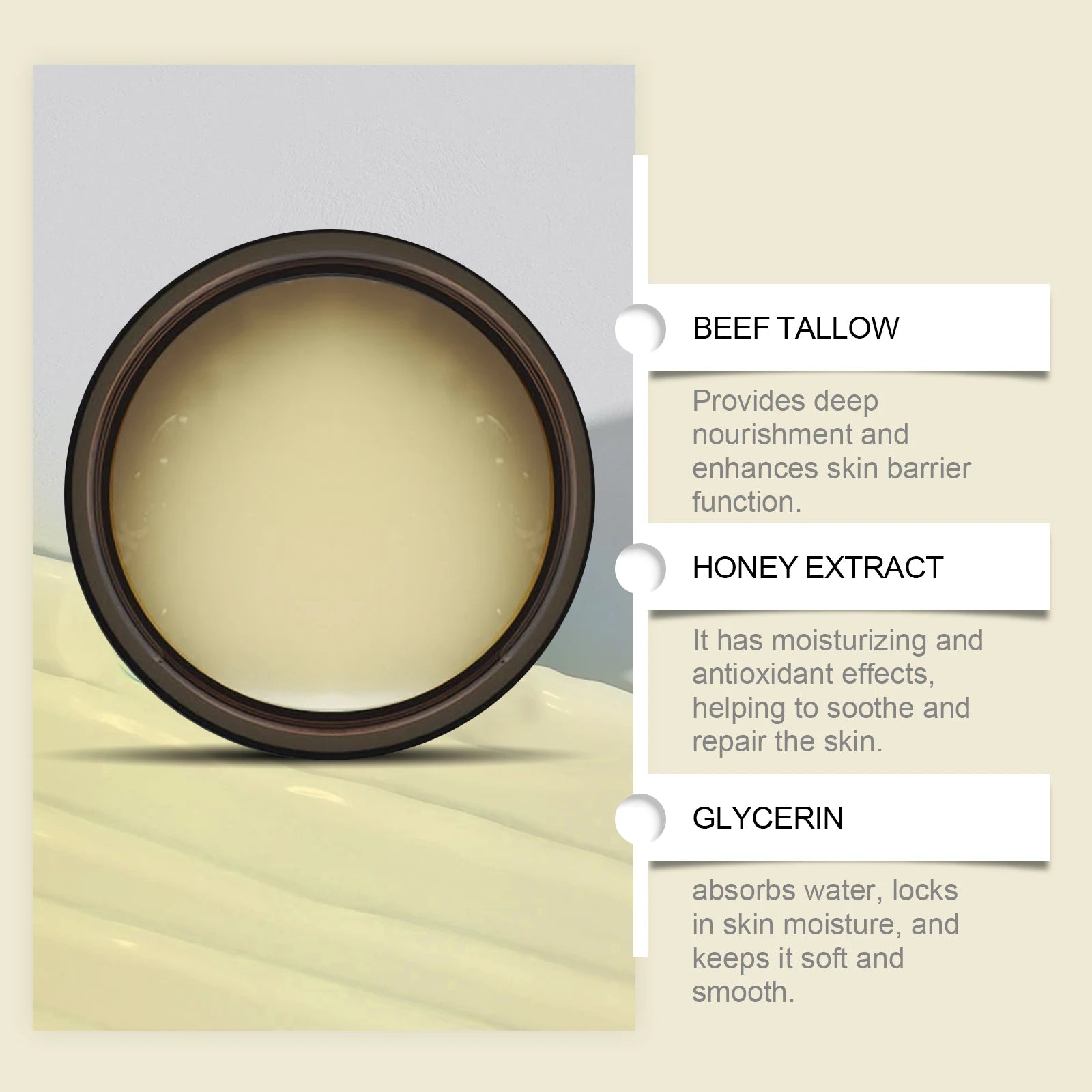 Beef Tallow Honey Balm Moisturizing Hydrating Face Cream Body Lotion Fades Fine Lines Tighten Soothen Brightening Facial Skin