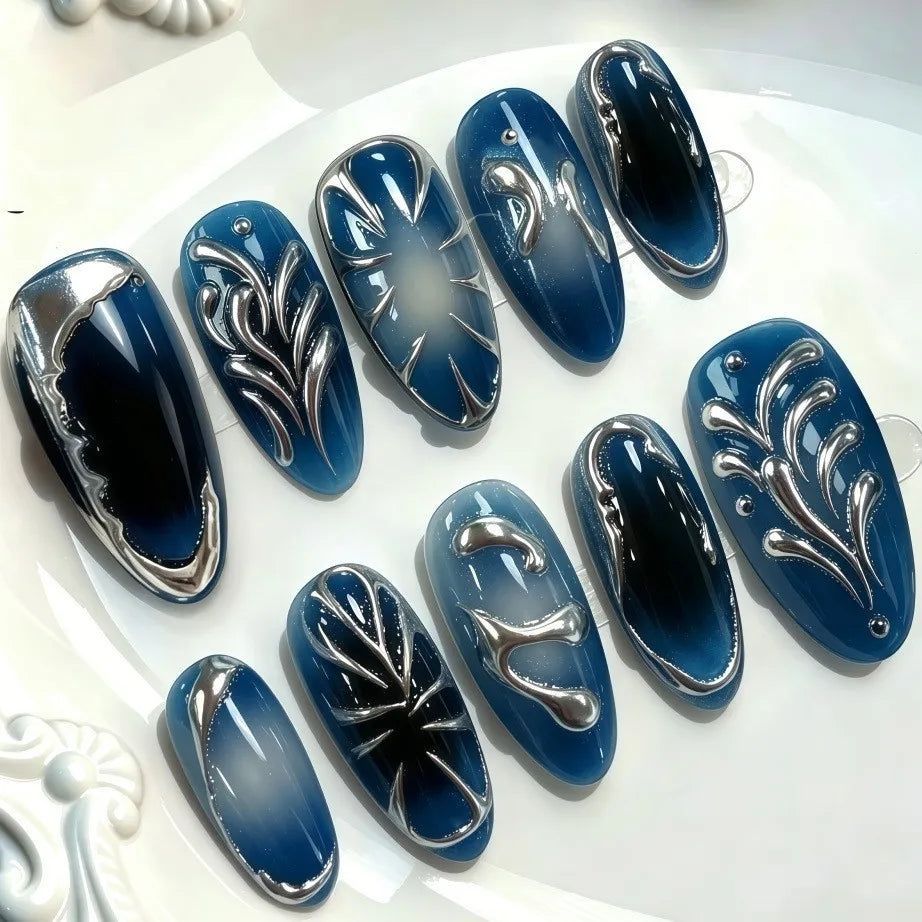 24Pcs Dark Press on Fake Nails with Black Glitter 3D Metallic Designs Sweet Cool Almond False Nails Detachable Nails Spice Girls