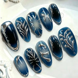 24Pcs Dark Press on Fake Nails with Black Glitter 3D Metallic Designs Sweet Cool Almond False Nails Detachable Nails Spice Girls