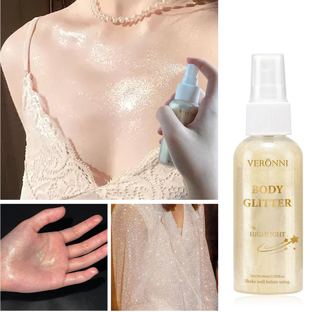 Body Highlighter Spray–Quick-Dry Non-Sticky Shimmer Mist, Fine Glitter for Hair & Skin,Water-Resistant Long-Lasting Summer Glow