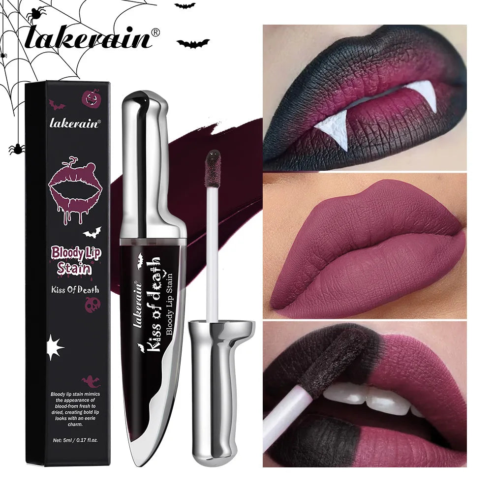 Gothic Bloody Lip Stain Matte Dark Red Green Halloween Lip Glaze Tint Knife Shaped Bottle Vampire Lipstick Makeup Waterproof