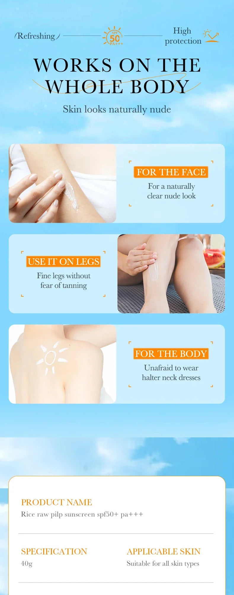 BIOAQUA Rice Raw Pulp Spf 50+ Sunscreen For Face Body Neck Back Protector Solar Blocker Brightening Facial Sun Cream Body Care