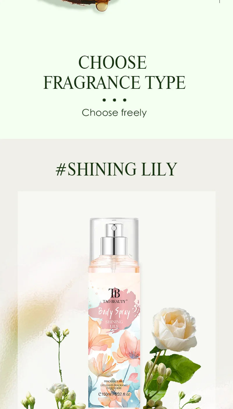 The fragrance spray has a long-lasting, faint floral scent with a fruity note. It is a fragrance body spray without alcohol.
