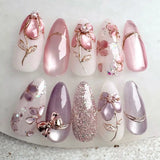 24Pcs Autumn Winter Matte Almond False Nails with Glue Rose Leaf Printing Nail Art Simple Full Cover Press on Acrylic Nails Tips