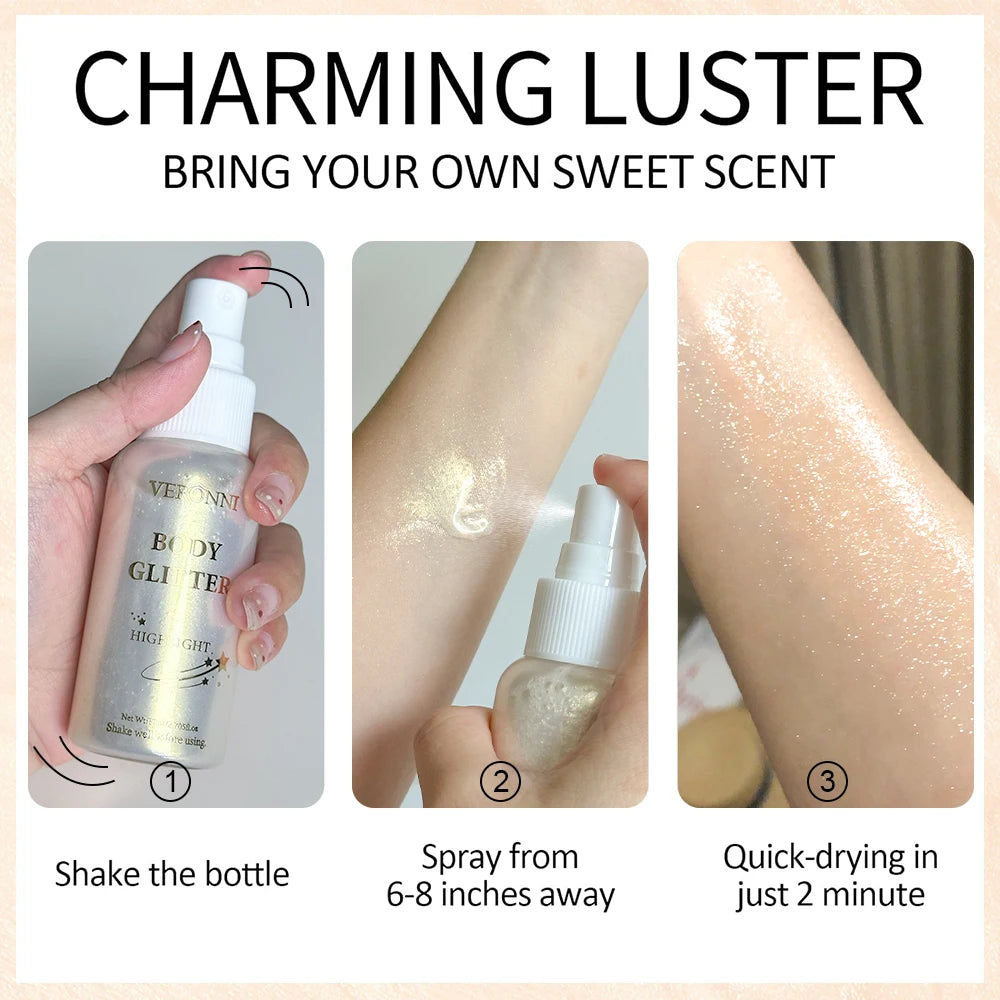 Body Highlighter Spray–Quick-Dry Non-Sticky Shimmer Mist, Fine Glitter for Hair & Skin,Water-Resistant Long-Lasting Summer Glow