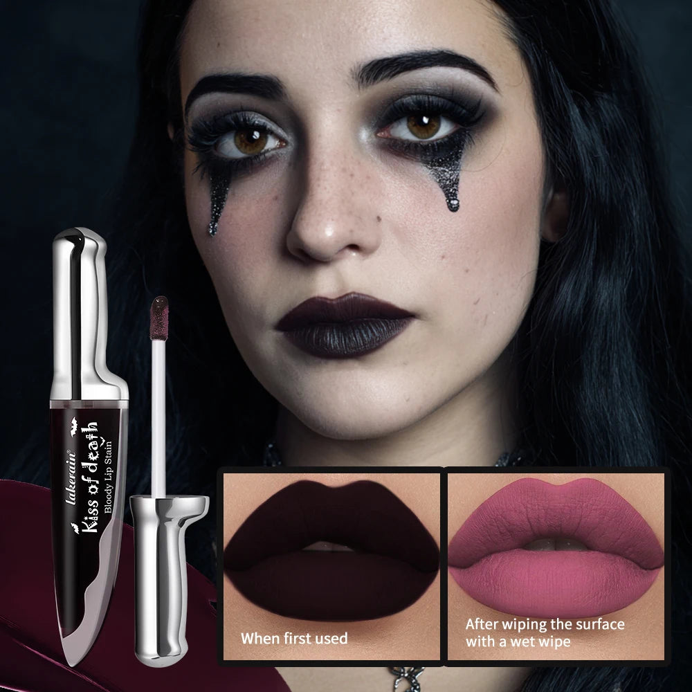 Gothic Bloody Lip Stain Matte Dark Red Green Halloween Lip Glaze Tint Knife Shaped Bottle Vampire Lipstick Makeup Waterproof