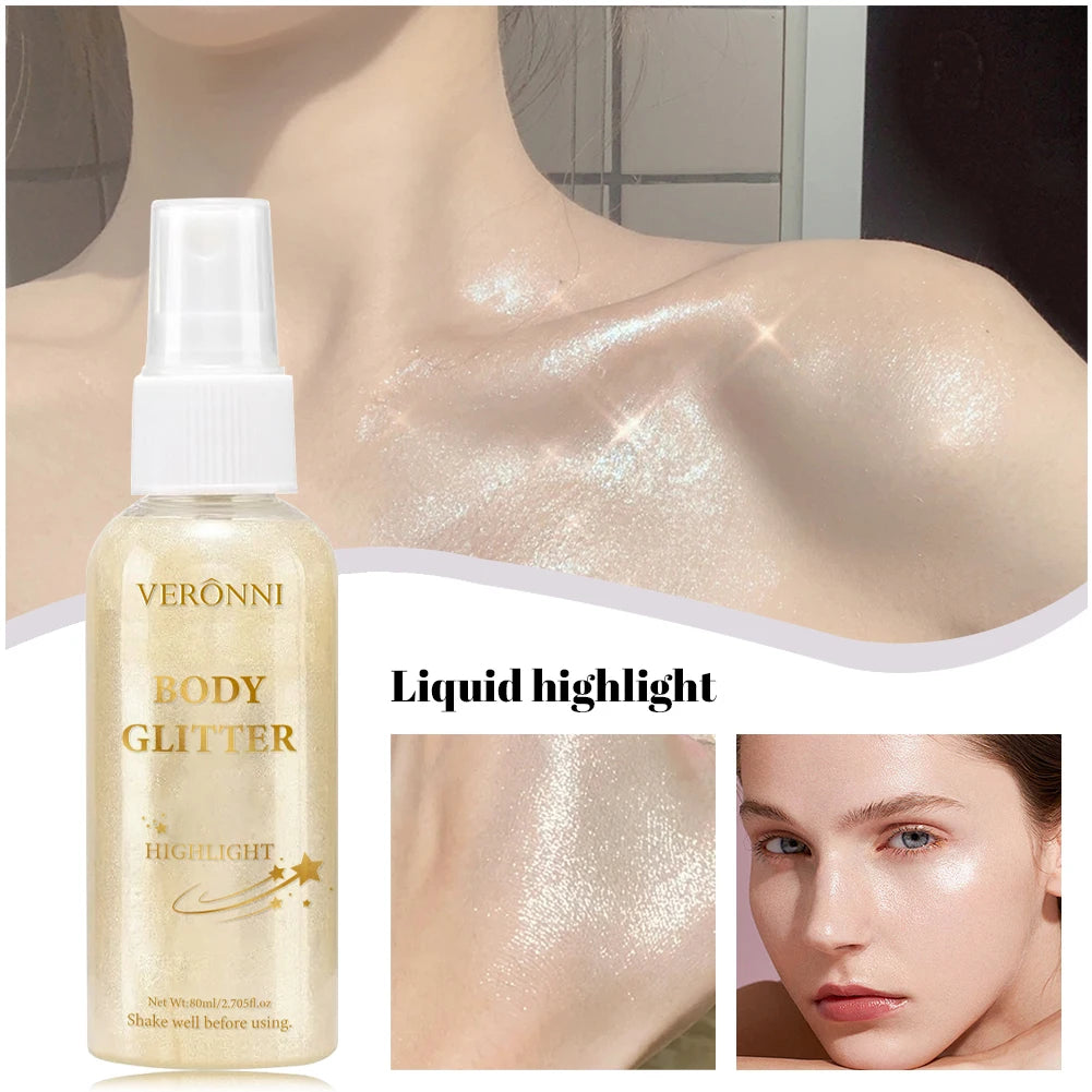 Body Highlighter Spray–Quick-Dry Non-Sticky Shimmer Mist, Fine Glitter for Hair & Skin,Water-Resistant Long-Lasting Summer Glow