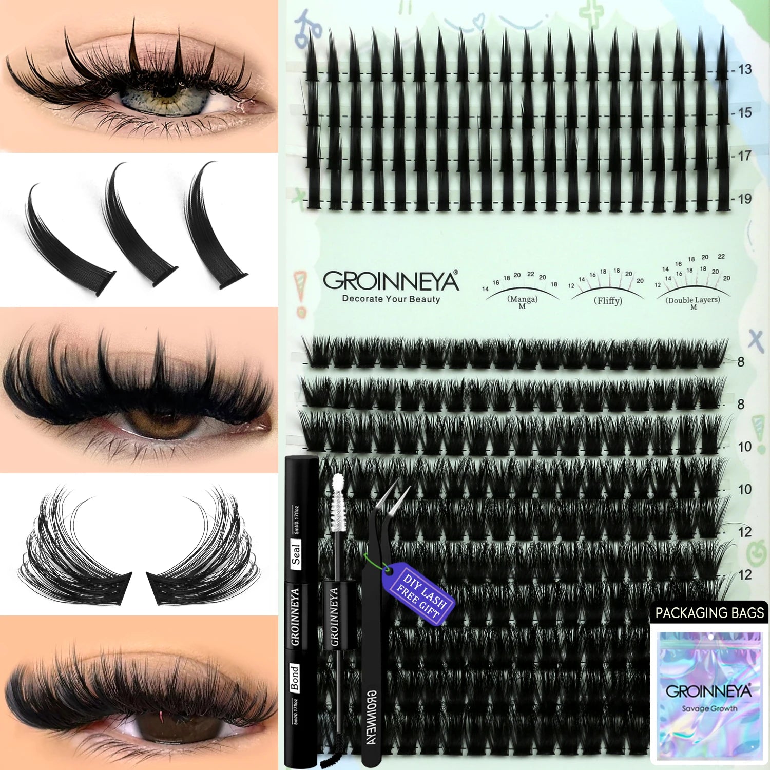 GROINNEYA Lash Clusters Kit Spikes Lash Individuals Eyelash Clusters D-Curly Lash Clusters Kit with Bond and Seal Makeup