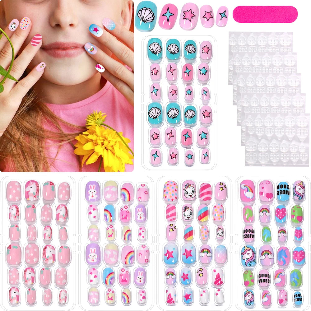 120Pcs Children's Press on Nails Kids Cartoon Acrylic Fake Nails Tips Kawaii Girl Full Cover Short False Nails With Jelly Glue#@