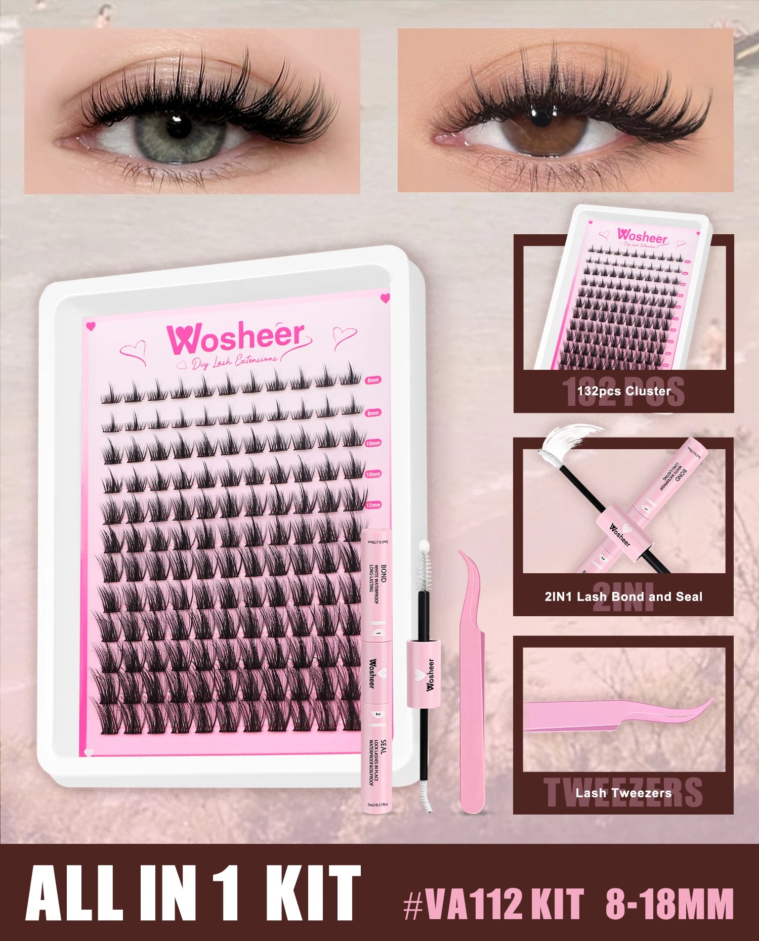 WOSHEER Manga Lash Clusters Kit Cat Lashes with Lash Bond & Seal Cluster Eyelash Extensions Mixed Tray Eyelash Clusters Kit