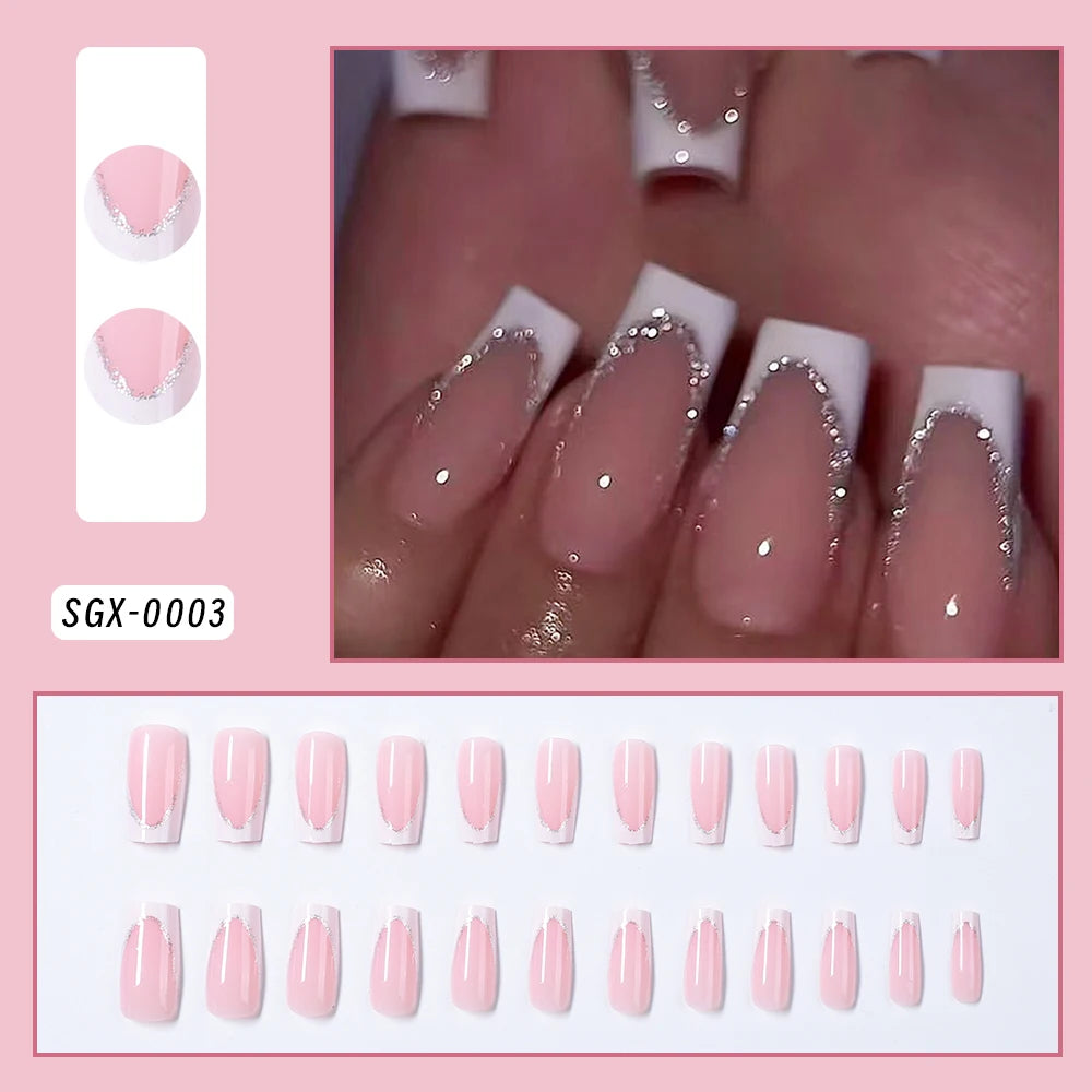 24Pcs Short Square Coffin False Nails French Glitter Wearable Fake Nails Acrylic Full Cover Women Ballet Press on Nails Tips