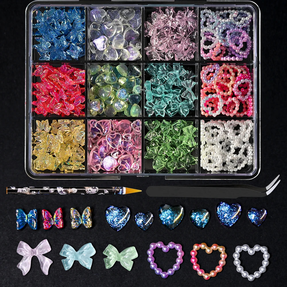 12Grid/Box Mixed Resin Bowknot Nail Charms 3D Colorful Bow Kawaii Rhinestone Nail Art Decorations DIY Manicure Parts Pen Tweezer