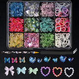 12Grid/Box Mixed Resin Bowknot Nail Charms 3D Colorful Bow Kawaii Rhinestone Nail Art Decorations DIY Manicure Parts Pen Tweezer