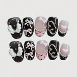 10pcs pure hand pressed short circular nail art, beautiful fake nails, sweet and cool pink bow, suitable for women to use