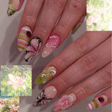 24pcs Wearable Press on Nails Strawberry Bow Design Nails Tips Red Short Almond Pearl Starlight Fake Nail Art Flower False Nails
