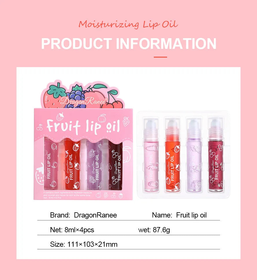 Rolling Bead Lip Oil Set of Four Moisturizing Lotion, Hydrating Roller Ball Mouth Oil, Anti-Drying, Colorless and Transparent