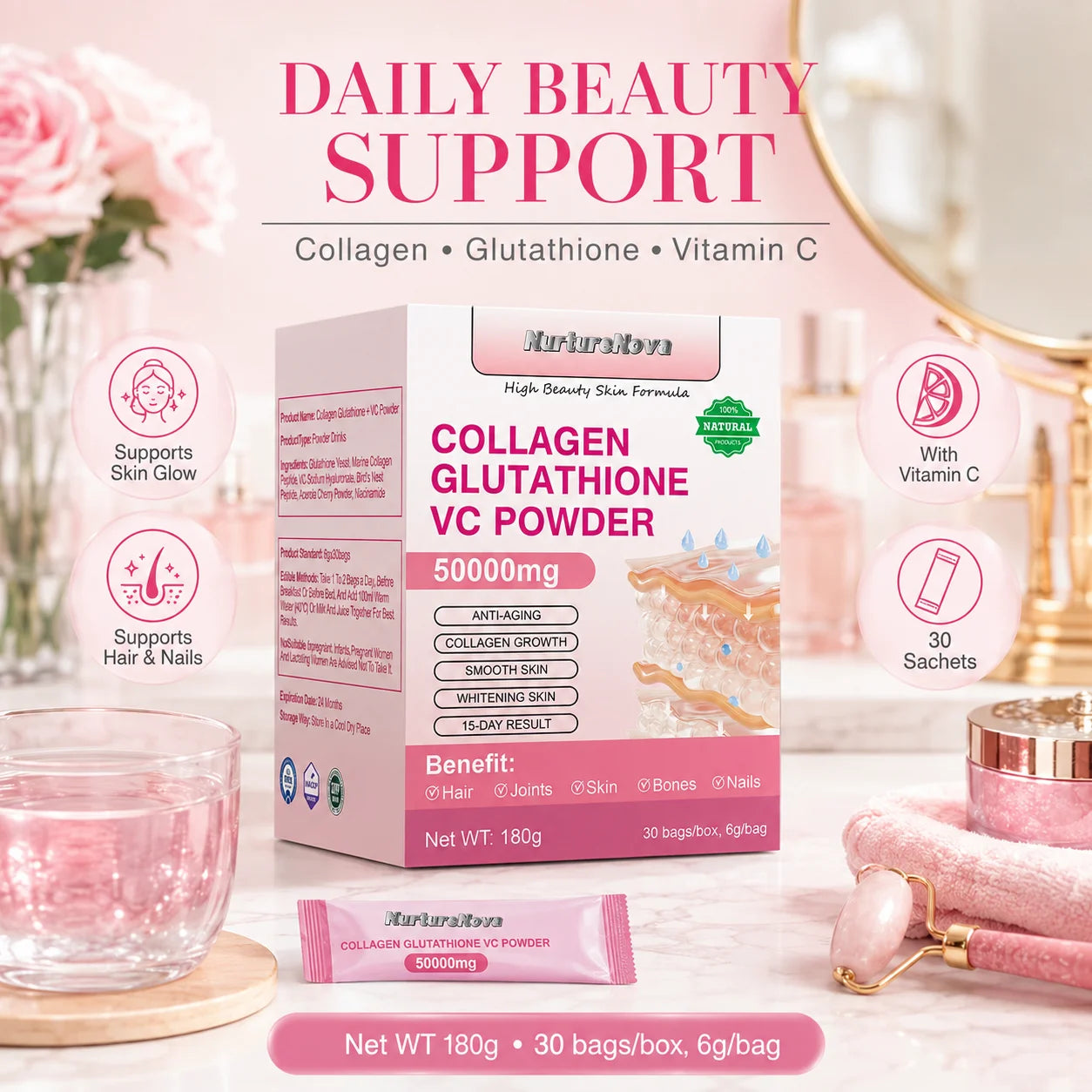 Collagen Peptides Glutathione Vitamin C Powder 30 Sachets, Marine Collagen Drink Mix for Beauty Wellness Support Adults 180g