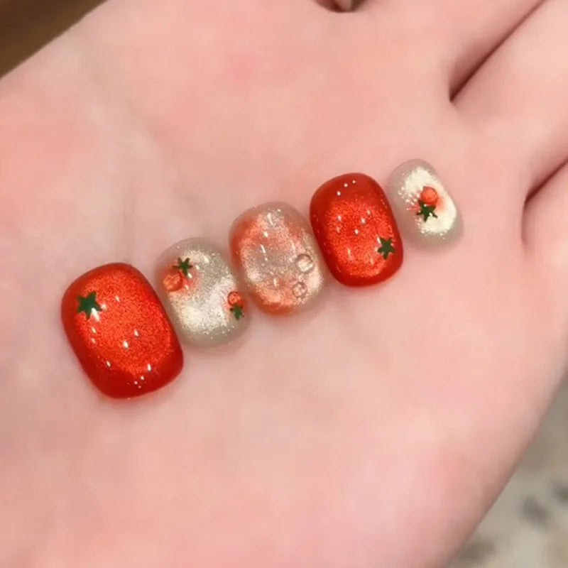 10pcs Festive Red Oval Short Press-On Nails with Cute Tomato Design Glossy Finish Holiday Nail Art Set for Women and Girls Wear