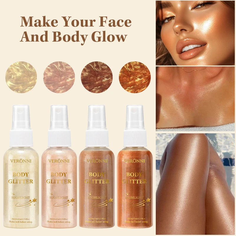 Body Highlighter Spray–Quick-Dry Non-Sticky Shimmer Mist, Fine Glitter for Hair & Skin,Water-Resistant Long-Lasting Summer Glow
