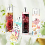 The fragrance spray has a long-lasting, faint floral scent with a fruity note. It is a fragrance body spray without alcohol.