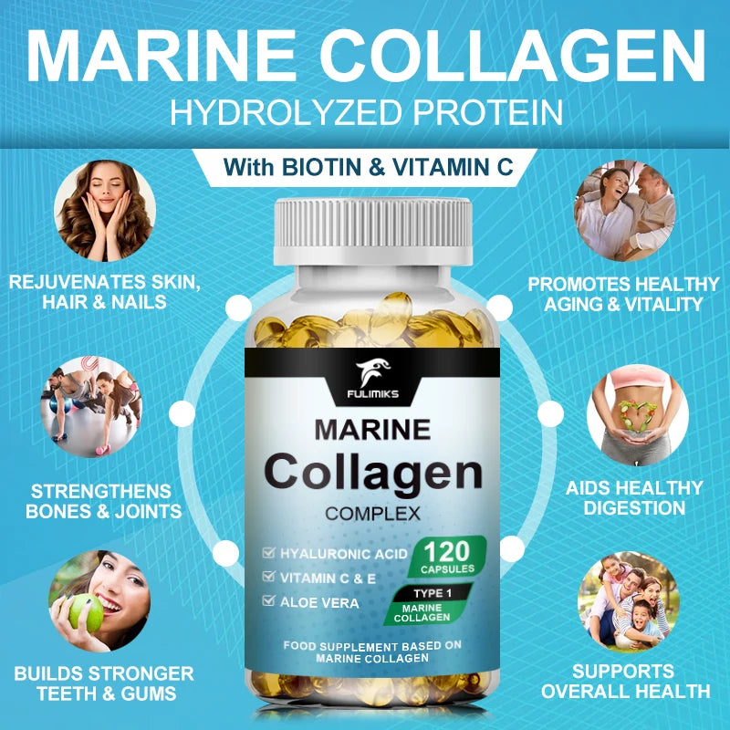 Premium Hydrolyzed Marine Collagen Supplement, with Hyaluronic Acid, Vitamin C & E, Promotes Glowing Skin, Hair & Nails Health