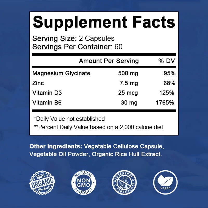 Magnesium & Zinc Capsules for Muscle, Joint,Bone,Enzyme & Heart Health Rest &Relaxation Magnesium Glycinate Supplement
