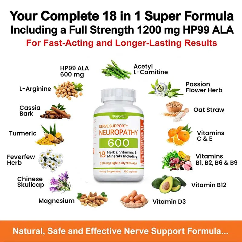 Neuropathy Support Supplement 600mg - Supports The Nervous System, Relieves Stress, Promotes Brain Function, and Boosts Energy