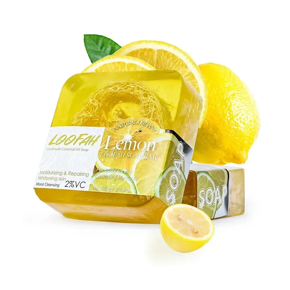 Handmade Kojic Acid Soap with Loofah 100g Lemon Lavender Rose Turmeric Essential Oil Bath Bar New Design Exfoliating Cleansing
