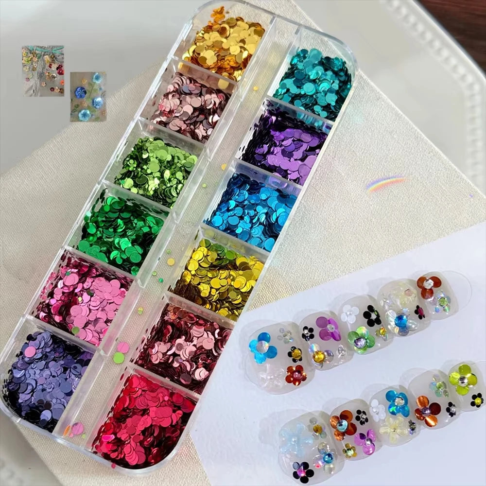 3D Spliced Flower Polka Dot Nail Art Sequins 12 Grids Retro 1-3mm Round Nail Glitter Sparkling Flakes Nail Charms Manicure Decro