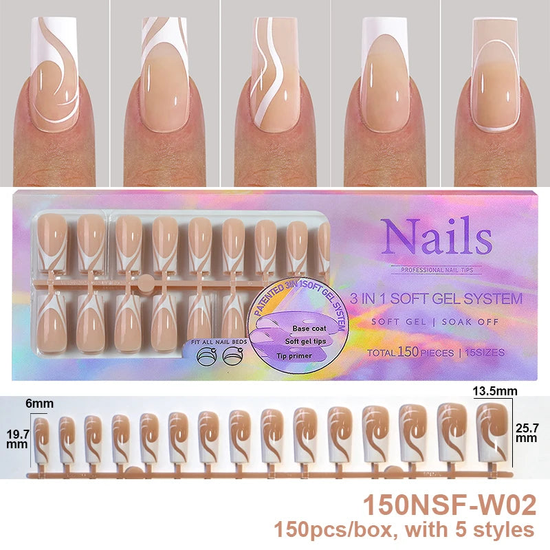 150Pcs/Box Acrylic Press on Nails Full Cover Fake False Tips Soft Gel Extension T-shaped Oval Capsule Almond Sculpted Salon DIY