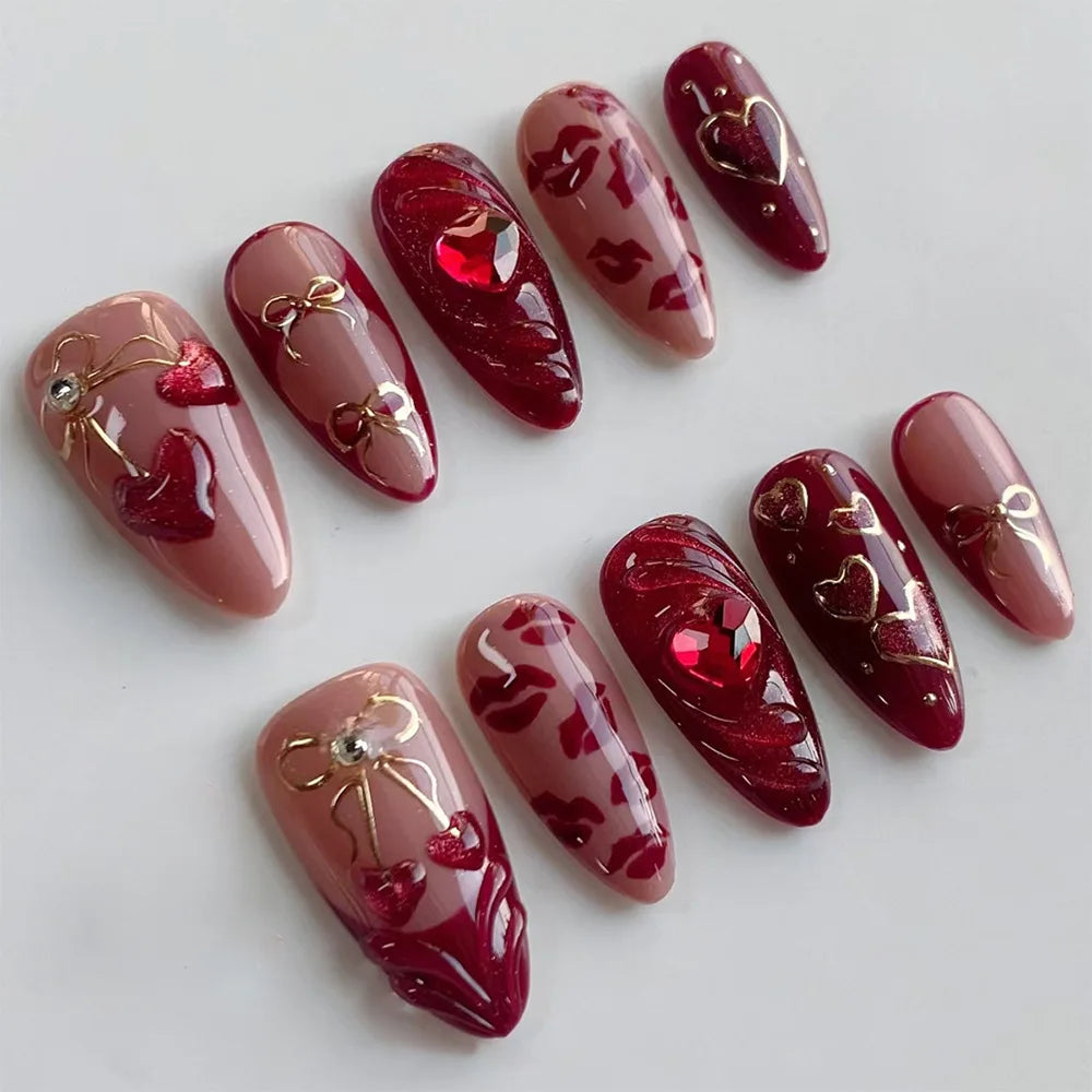 24pcs Wearable Press on Nails Strawberry Bow Design Nails Tips Red Short Almond Pearl Starlight Fake Nail Art Flower False Nails