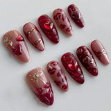 24pcs Wearable Press on Nails Strawberry Bow Design Nails Tips Red Short Almond Pearl Starlight Fake Nail Art Flower False Nails