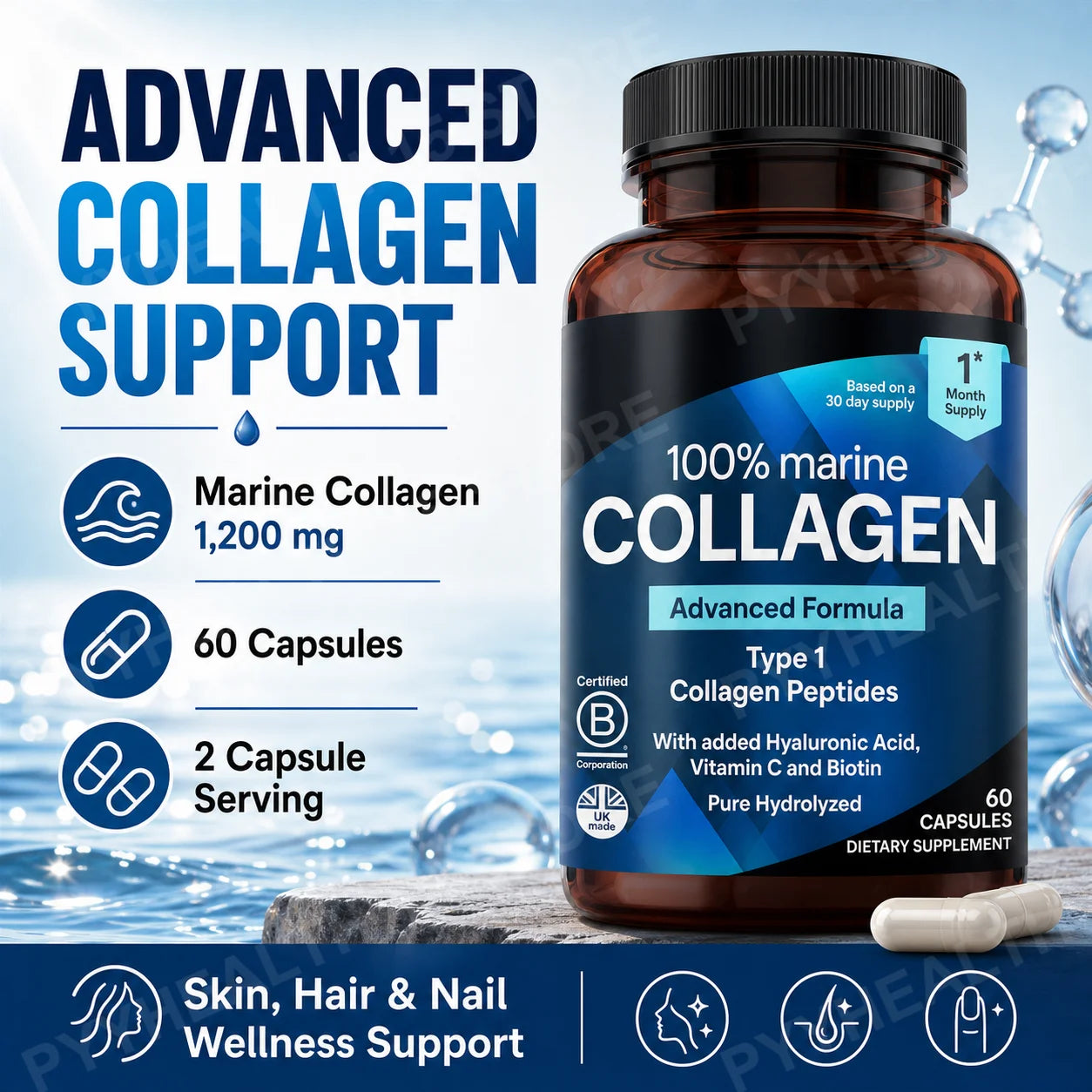 Marine Collagen Capsules for Women & Men, Type I Peptides with Hyaluronic Acid, Vitamin C & Biotin, Beauty Glow Nails, 60 Count