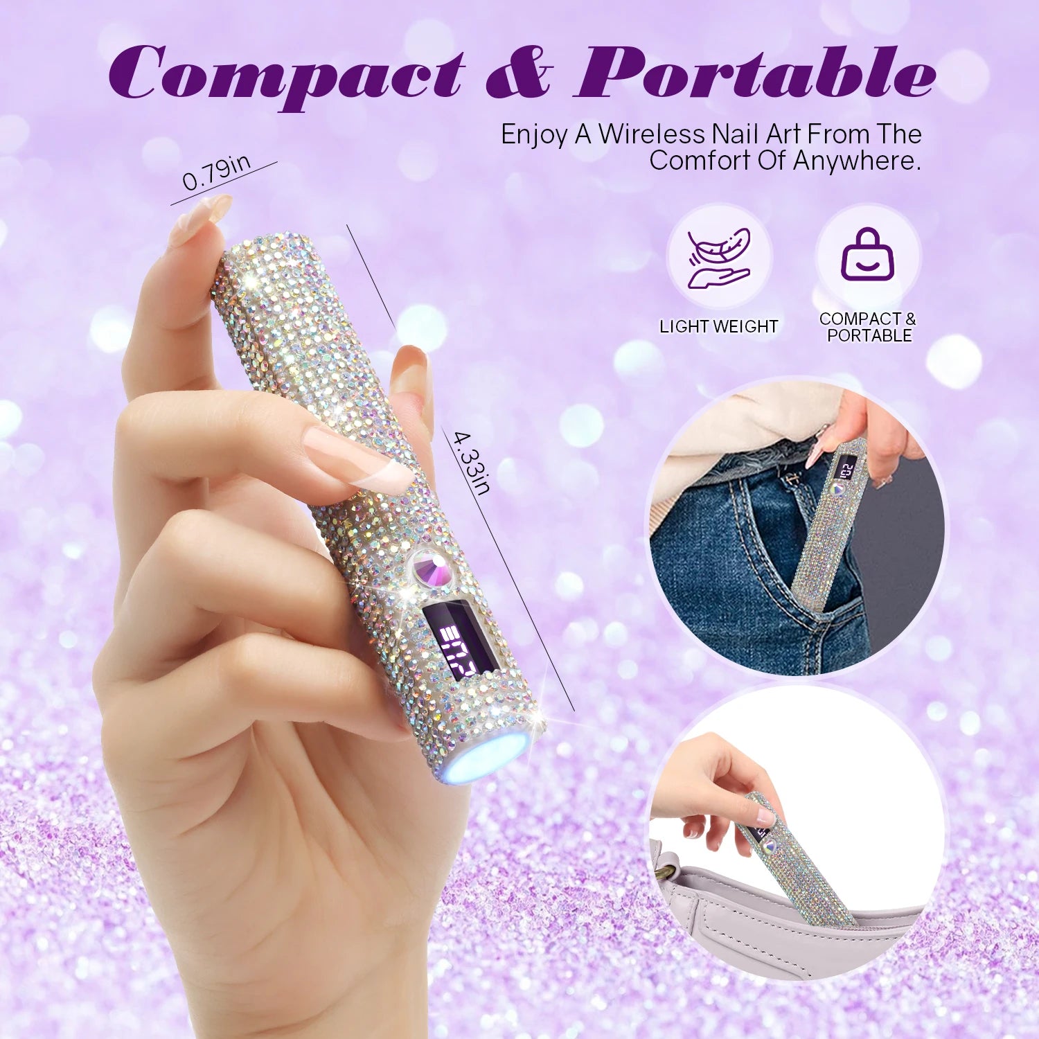 Mini Handheld UV LED Nail Lamp With Diamonds Portable Nail Dryer For Curing Gel Polish With Display Manicure Machine
