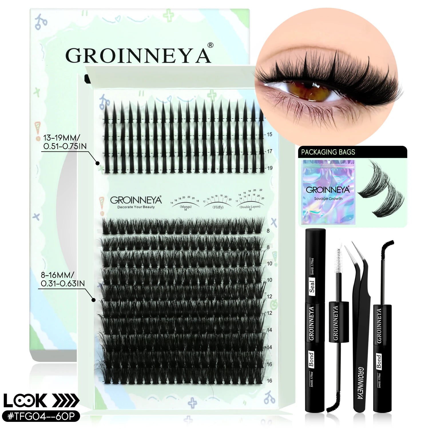 GROINNEYA Lash Clusters Kit Spikes Lash Individuals Eyelash Clusters D-Curly Lash Clusters Kit with Bond and Seal Makeup